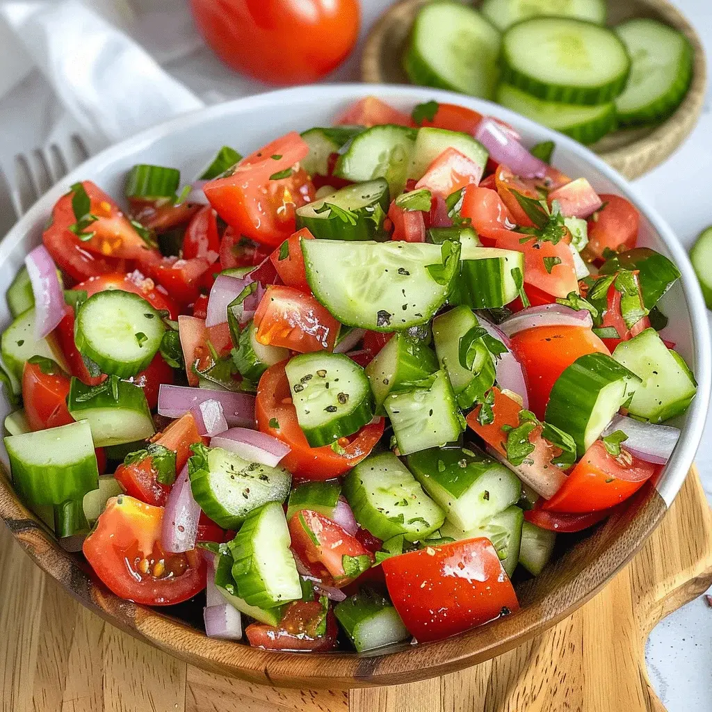 A beautiful bowl of finished cucumber tomato salad, brightly colored and garnished with fresh herbs, ready to serve.