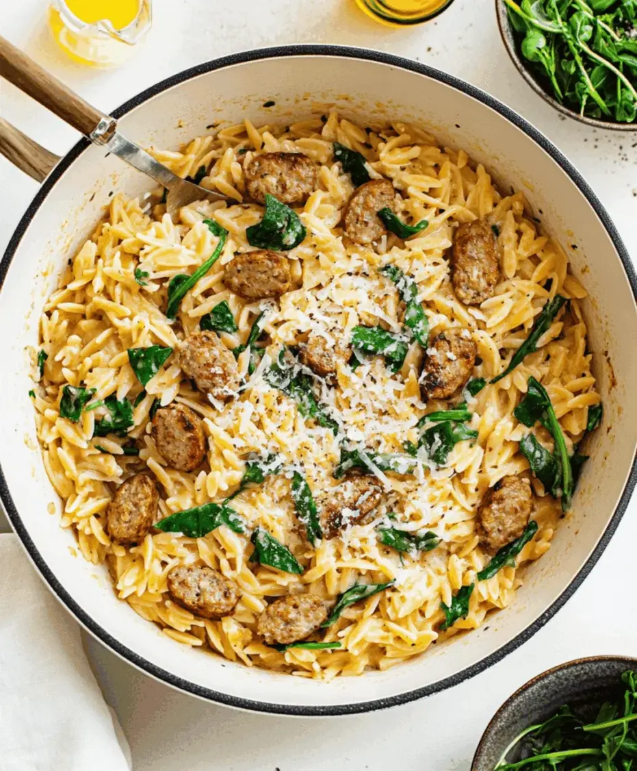 Creamy Chicken Sausage Orzo simmering in a pan, showing tender orzo and juicy sausage pieces in a rich sauce