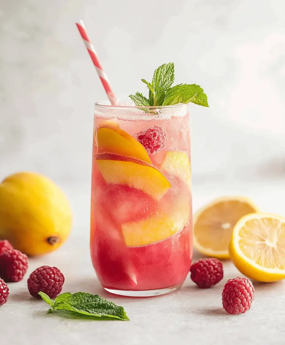 A tall glass of raspberry peach lemonade with ice, garnished with mint and fruit, sitting on a wooden table in sunlight.
