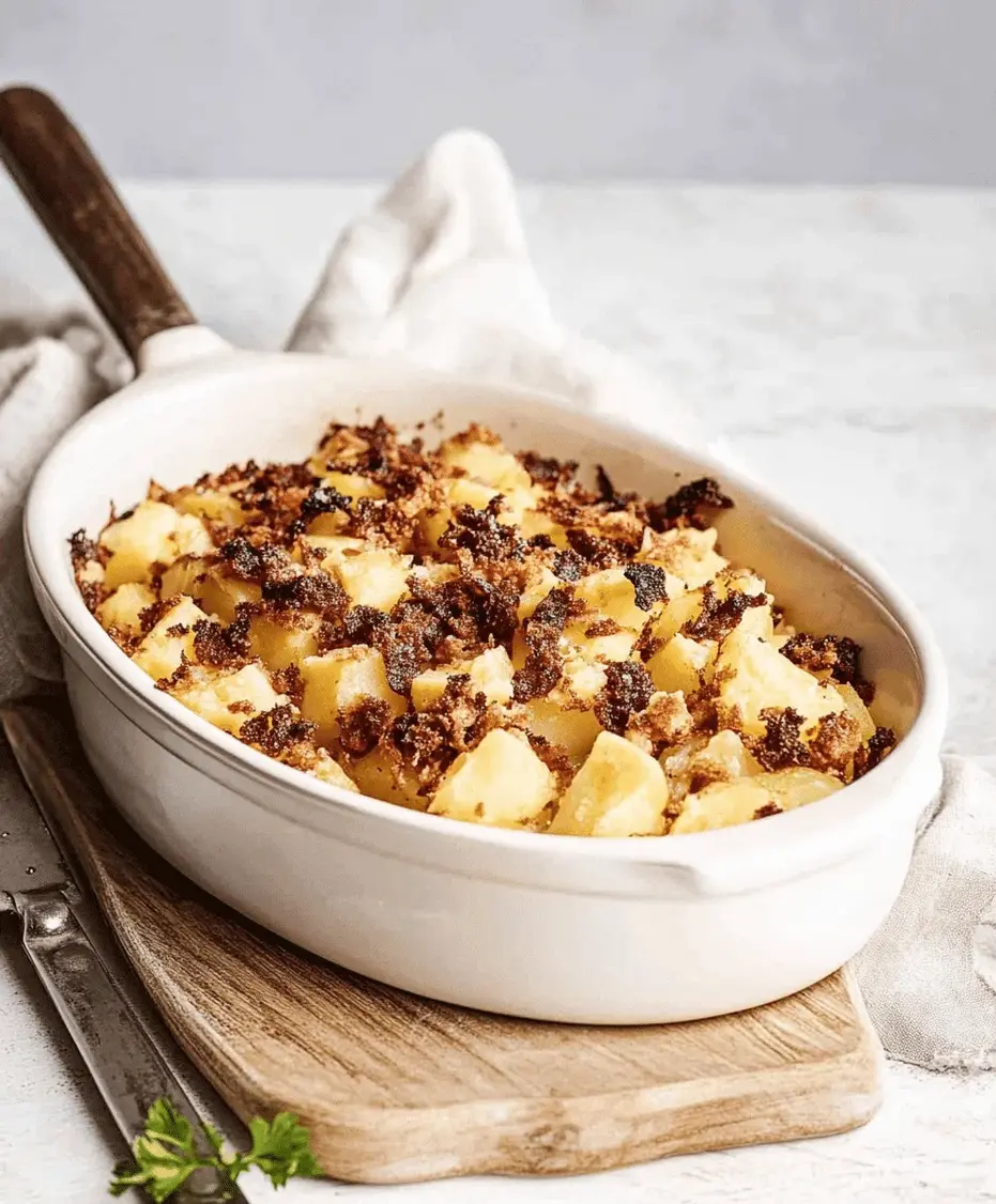 A close-up of a serving of Mississippi Mud Potatoes with melted cheese and bacon.