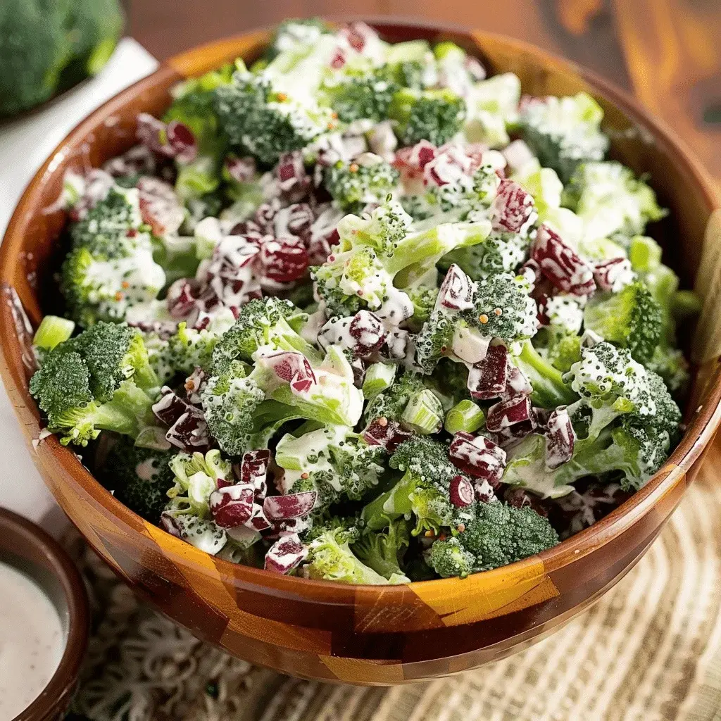 A beautifully served bowl of finished broccoli salad with cranberries and bacon on top