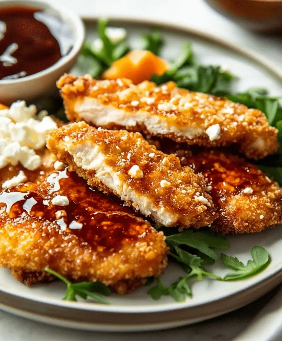 Crispy Hot Honey Feta Chicken plated with a golden crust, drizzled with glossy hot honey and topped with crumbled feta cheese.