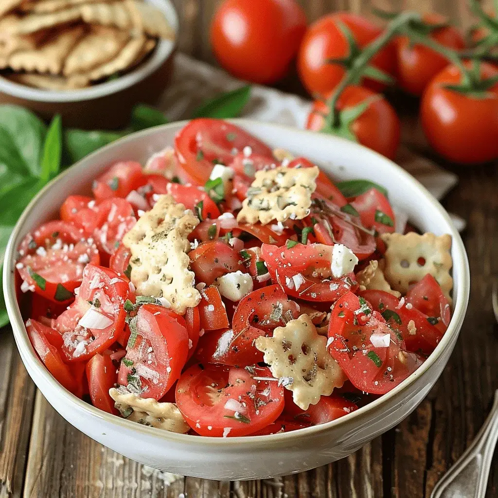 A close-up, vibrant bowl of finished Tomato Cracker Salad, showing the juicy tomatoes and crisp crackers coated in creamy dressing