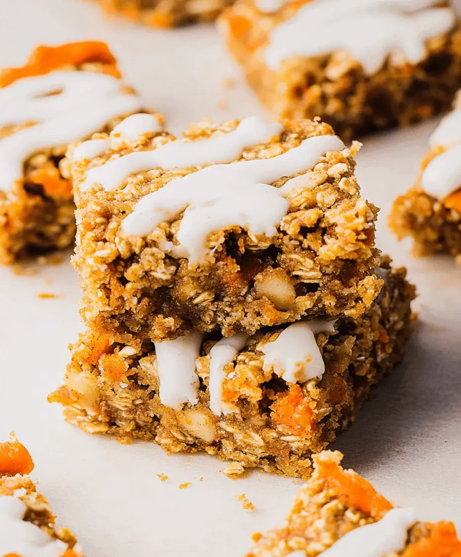 A stack of carrot cake oatmeal breakfast bars wrapped in parchment paper, ready for meal prep or the freezer.