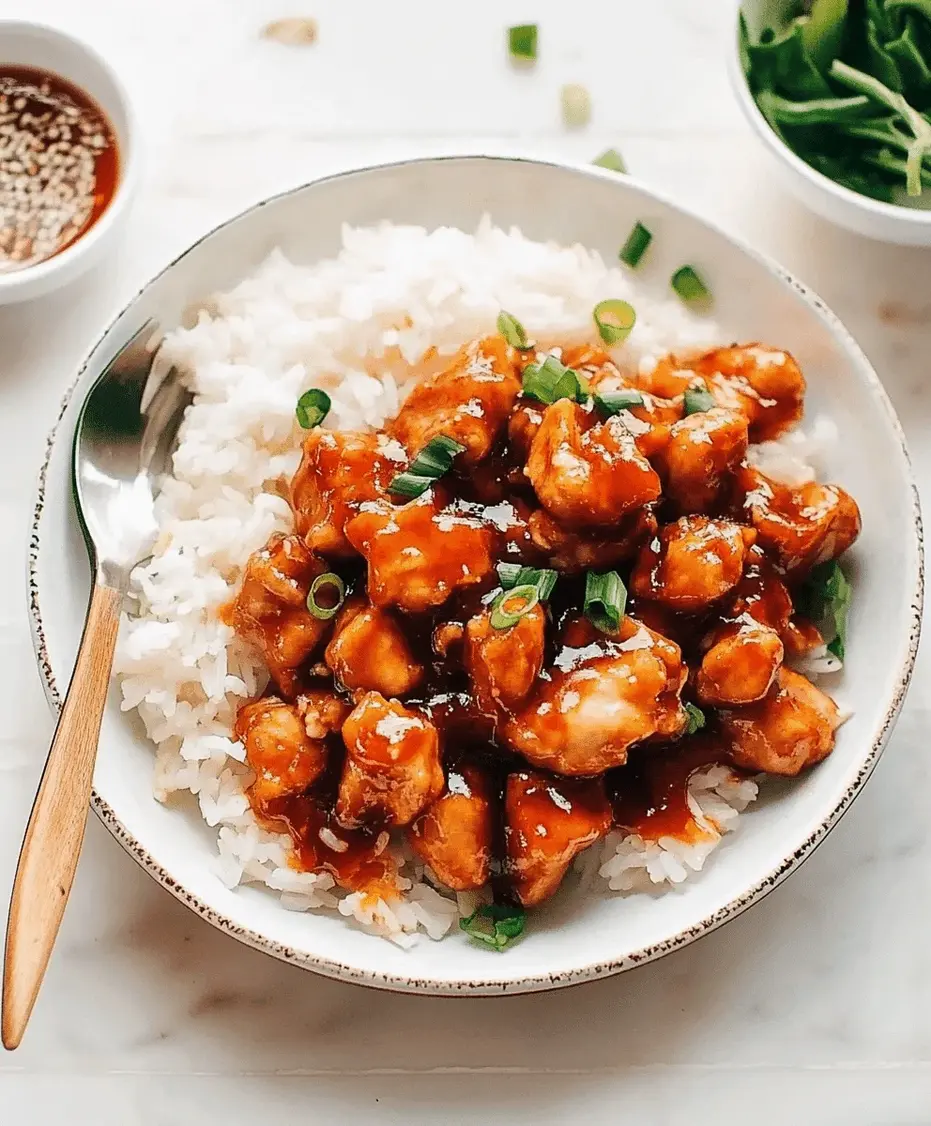 A beautifully plated bowl of honey BBQ chicken rice garnished with green onions and herbs