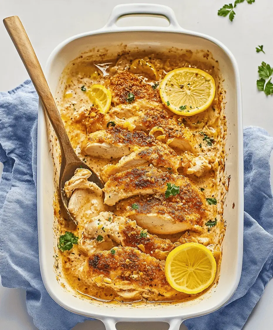 Close-up of a fork cutting into a juicy piece of baked lemon butter chicken.