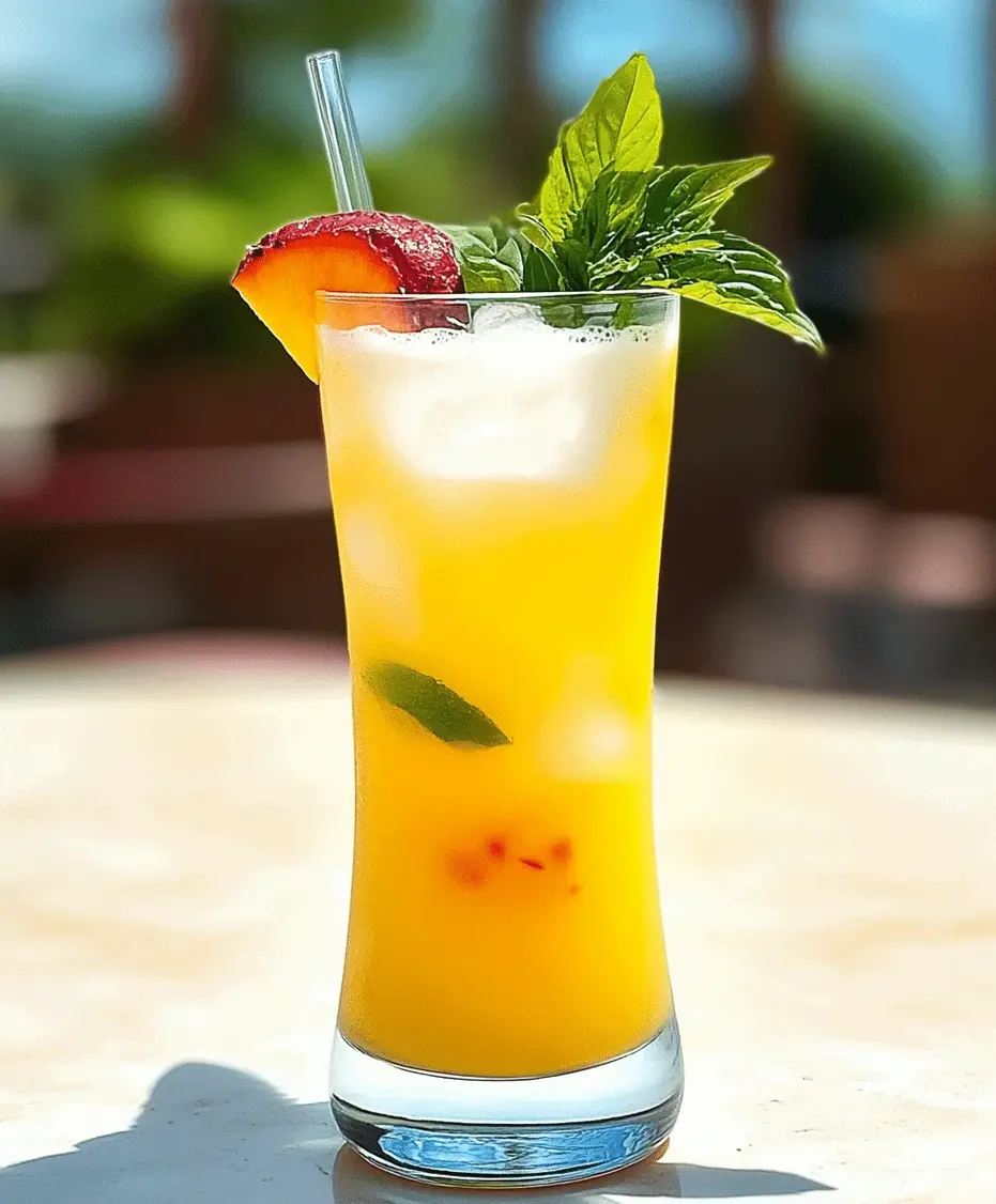 A pitcher of Tropical Fizz Mocktail surrounded by fresh pineapple, oranges, limes, and mint on a sunny table