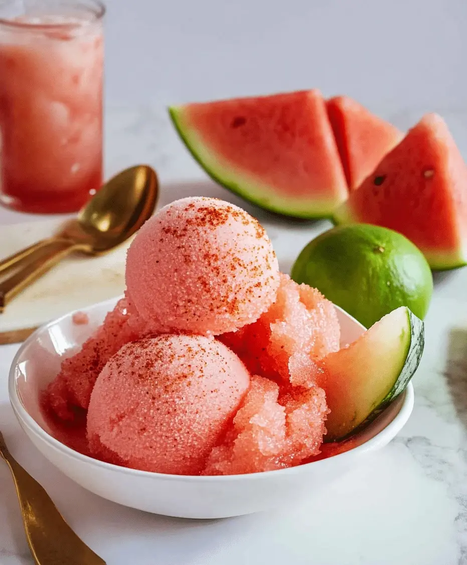 Fresh red watermelon chunks and lime slices arranged around a bowl of vibrant pink watermelon sorbet, ready to be blended into a quick frozen dessert.