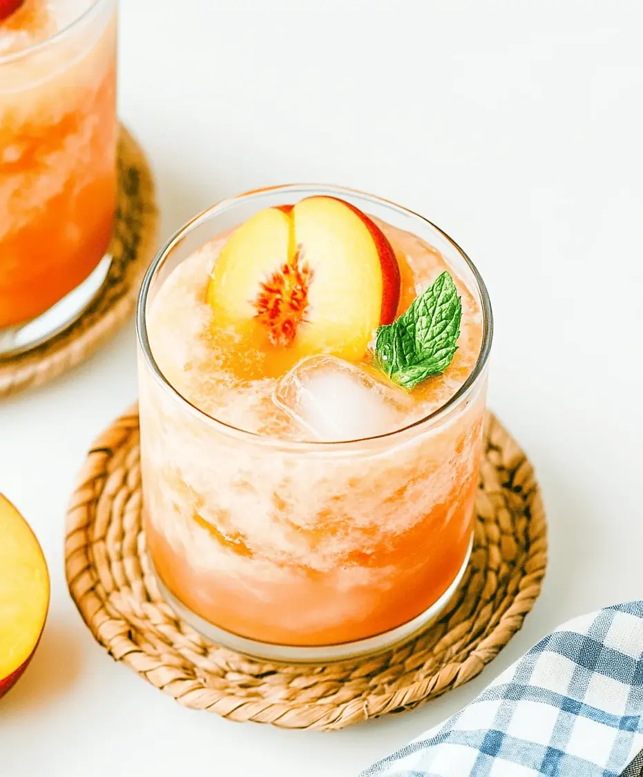 Close-up of a frosty glass of peach lemonade with a peach slice garnish, condensation on the glass