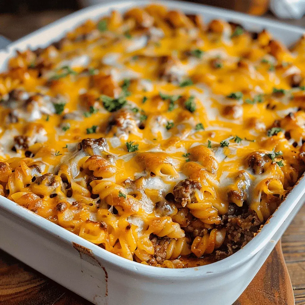 A serving of 4-ingredient hamburger casserole on a plate, garnished with parsley, ready to eat