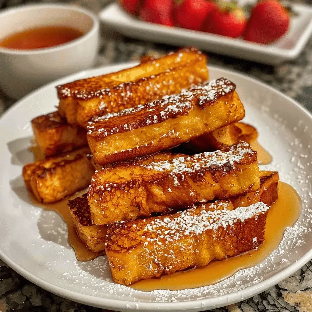 Close-up of crispy Air Fryer French Toast Sticks being dipped into a bowl of maple syrup