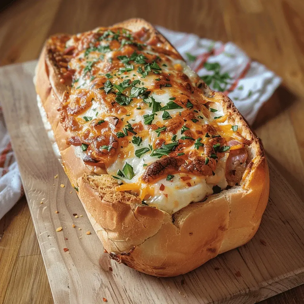 Close-up of a golden slice of Stuffed Breakfast Loaf on a plate