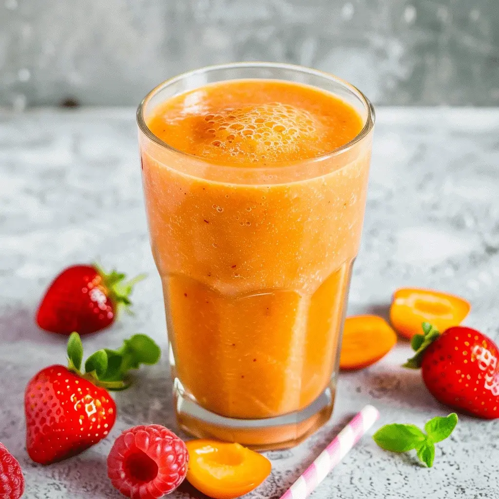 Two tall glasses filled with a beautiful pink-orange apricot strawberry smoothie, garnished with a strawberry on the rim, sitting on a sunny kitchen counter.