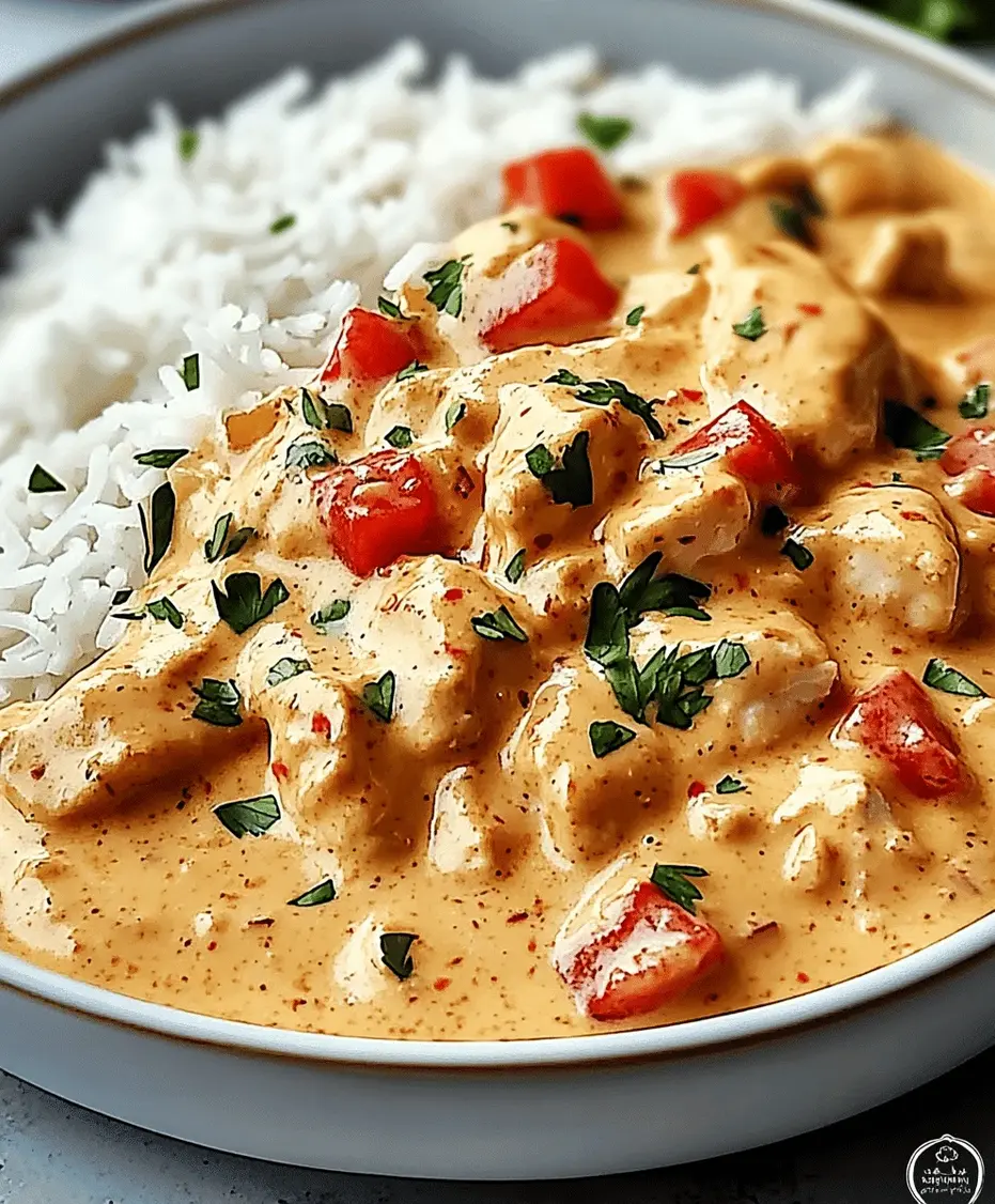 Close-up view of creamy gravy being poured over a tender chicken breast and rice