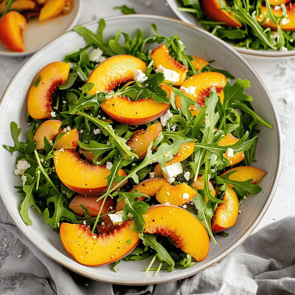 Overhead shot of the finished peach arugula salad beautifully plated, ready to serve with a wooden fork and spoon.