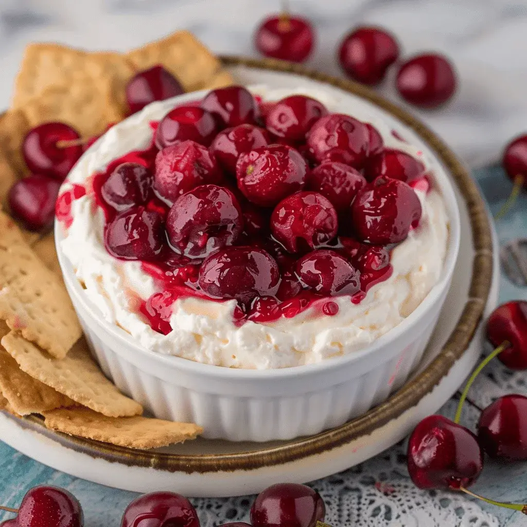 Close-up of a graham cracker scooping into cherry cheesecake dip with cherry swirls visible