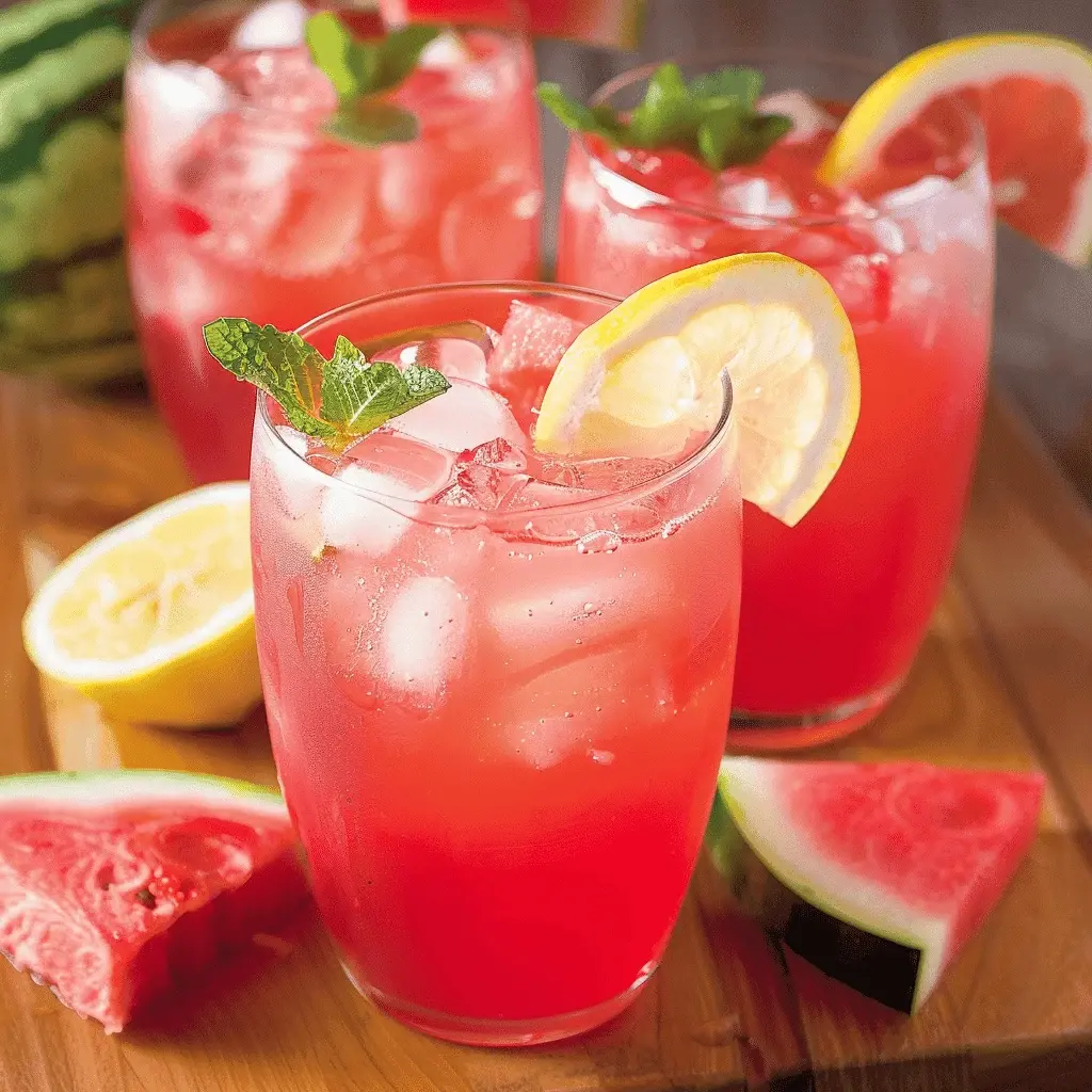 A tall, frosty glass of pink watermelon lemonade with a lemon slice and mint garnish, condensation on the glass