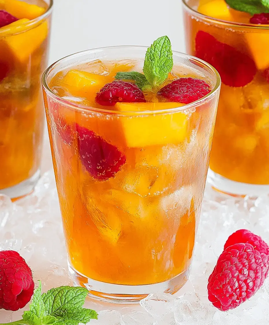 A tall, frosty glass of mango iced tea with a lime slice and mint garnish, sitting on a wooden table in sunlight.