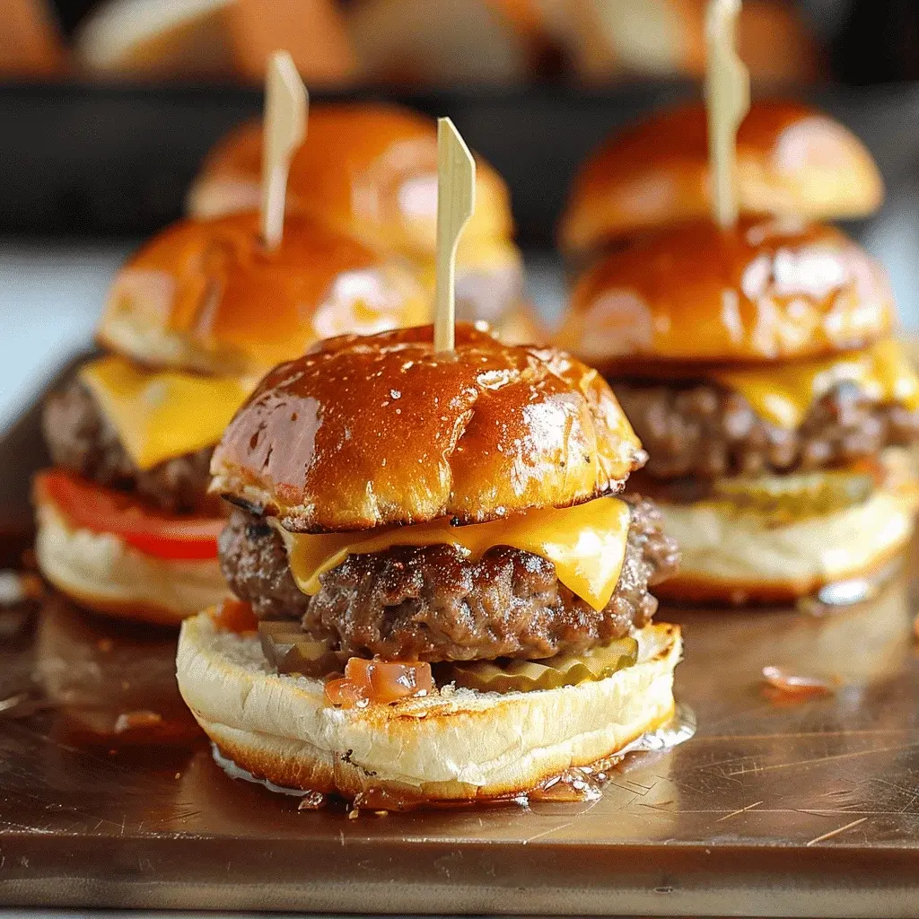 A platter full of slider-style mini burgers arranged beautifully for a party, with pickles and garnish.