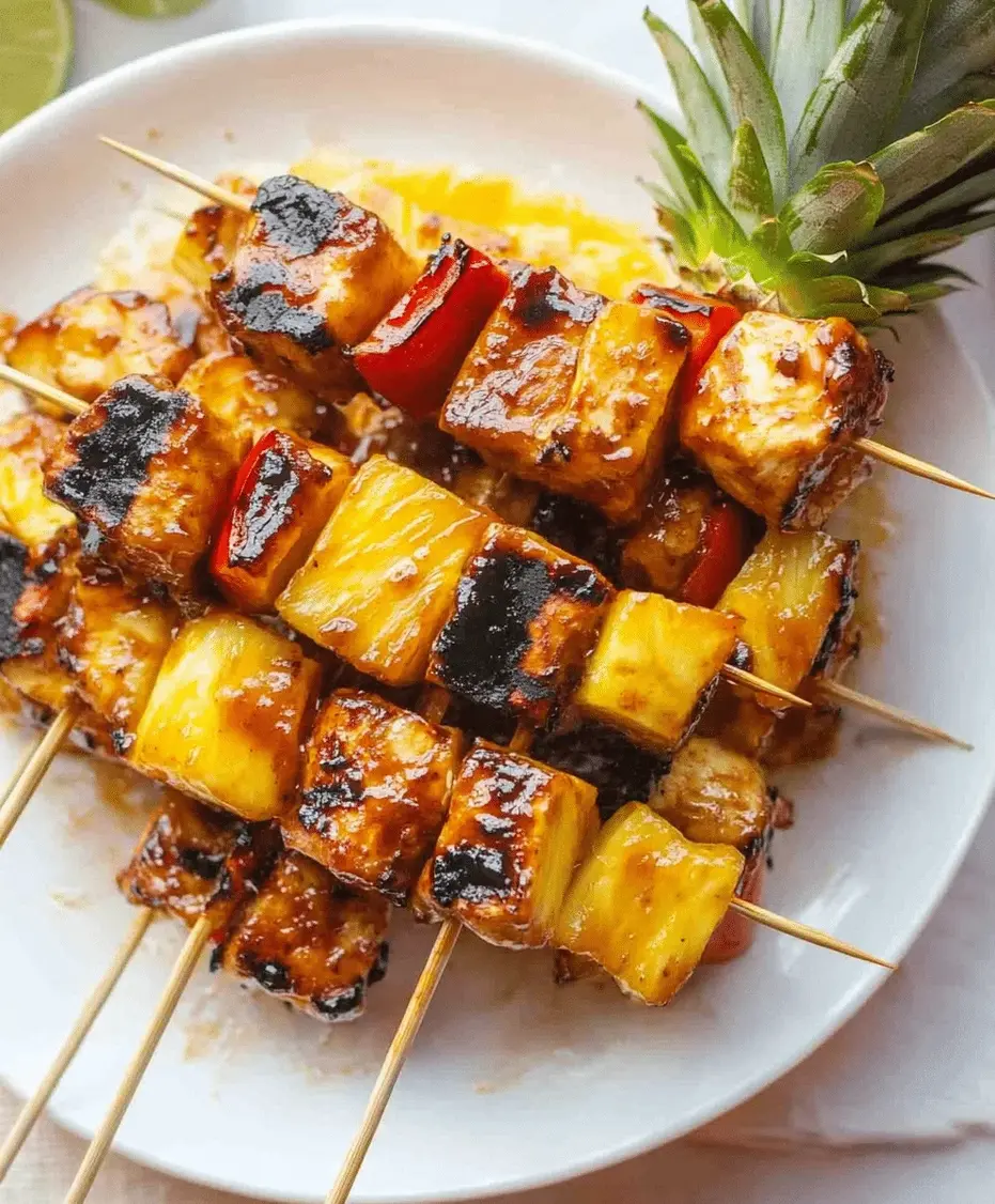 Platter of beautifully arranged BBQ Pineapple Chicken Kabobs ready to serve at an outdoor table
