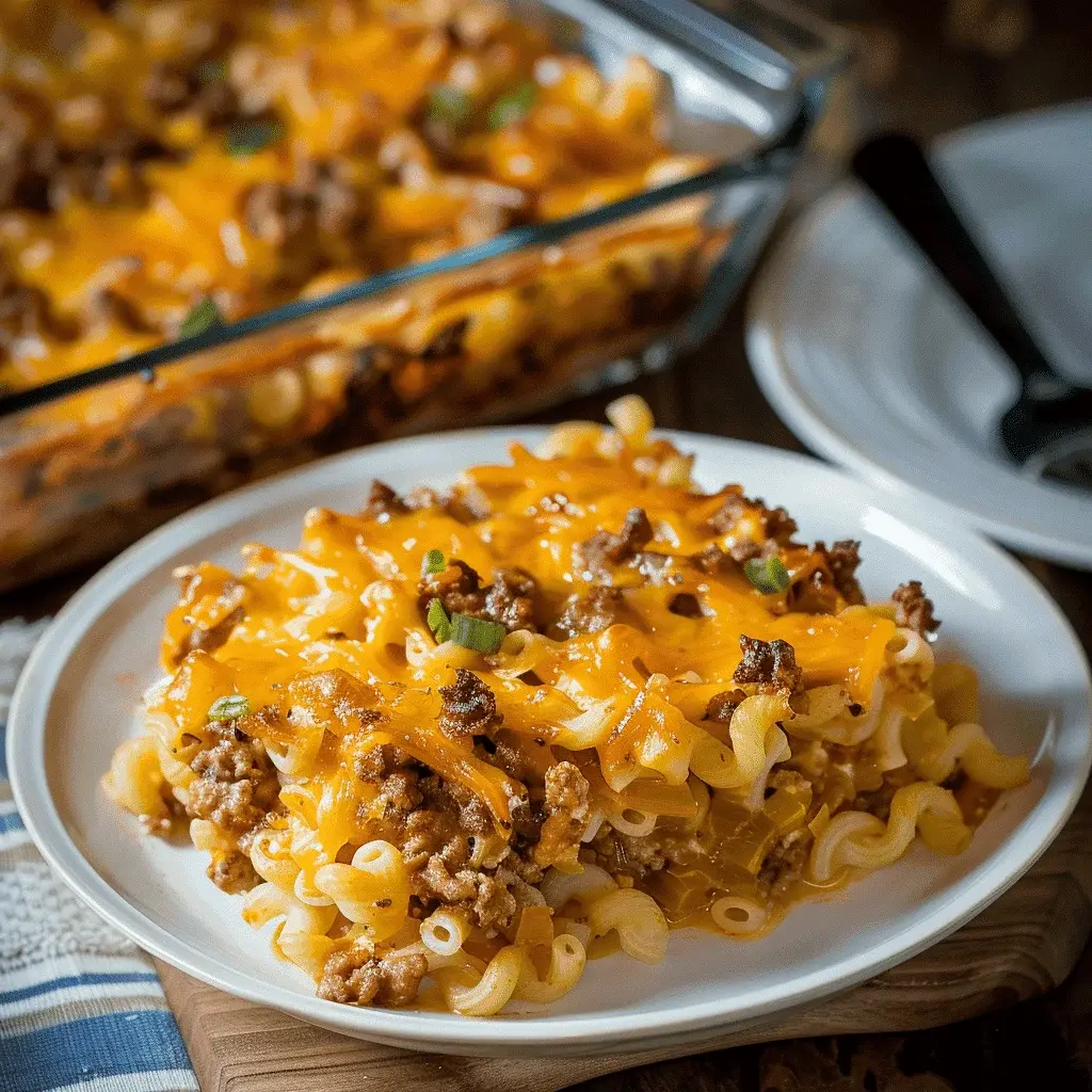 A beautifully presented slice of Company Casserole on a plate with a side salad and fork, ready to eat