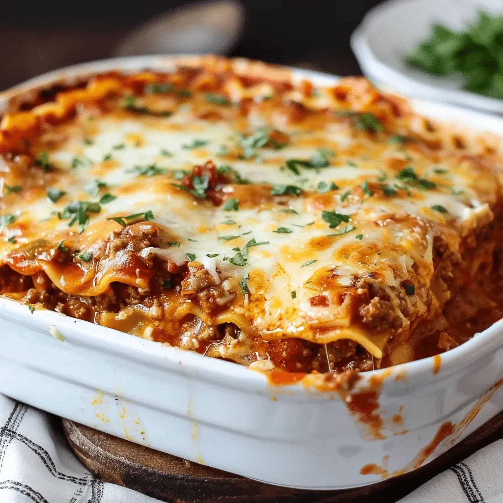 A slice of beef lasagna plated with a side salad and garlic bread, ready to eat