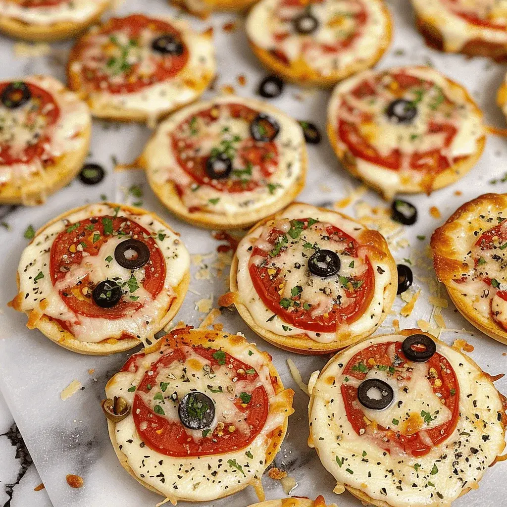 A platter of Mini English Muffin Breakfast Pizzas arranged for serving, with fresh herbs sprinkled on top