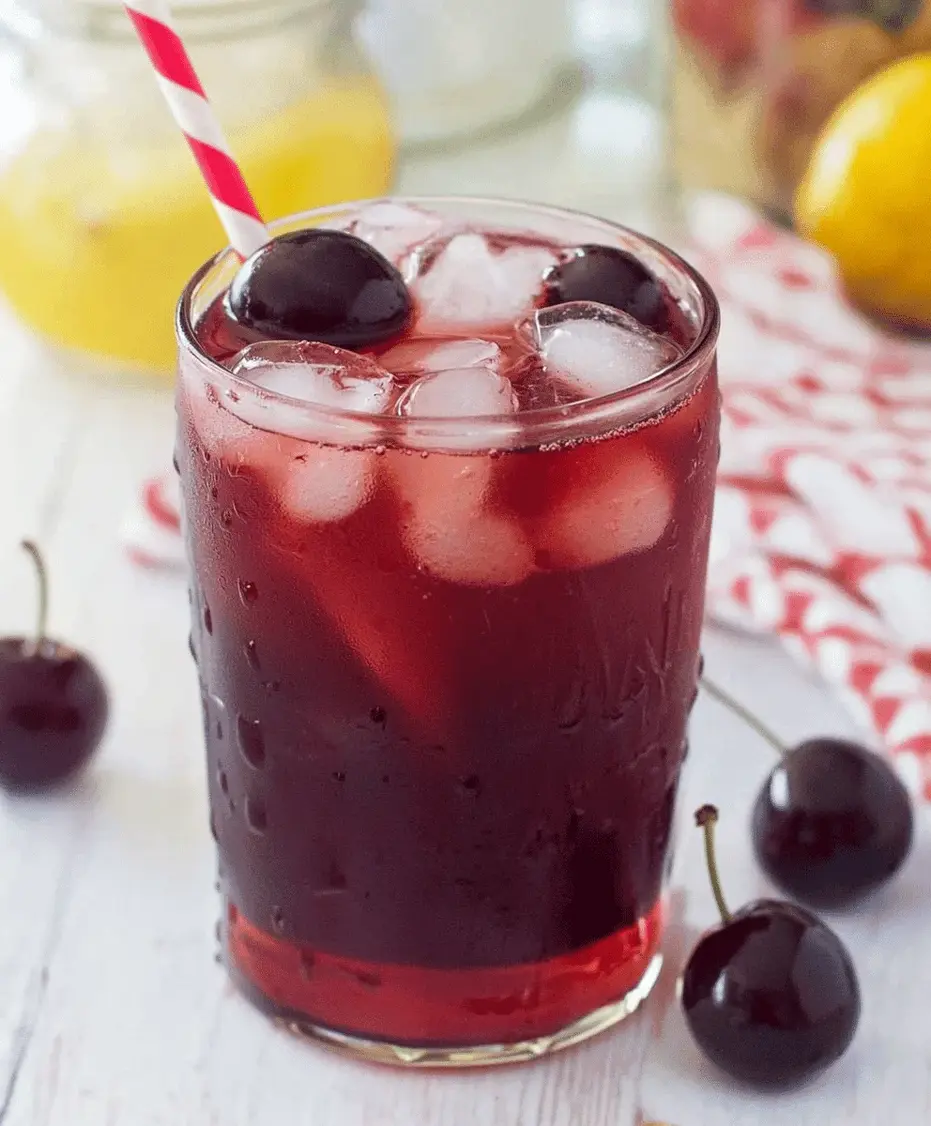 Close-up of a glass filled with Cherry Pie Iced Tea, showing ice and garnishes.