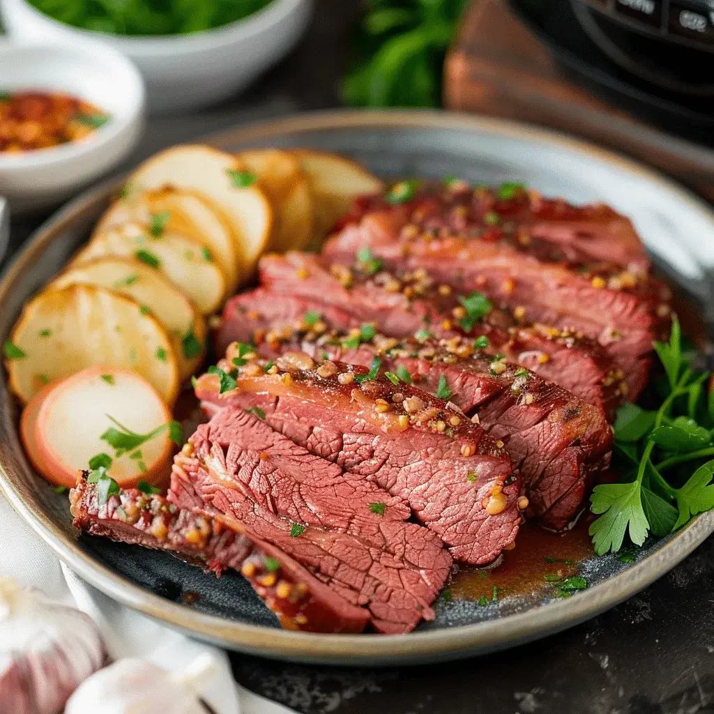 Sliced Instant Pot Corned Beef served on a platter with cabbage and potatoes