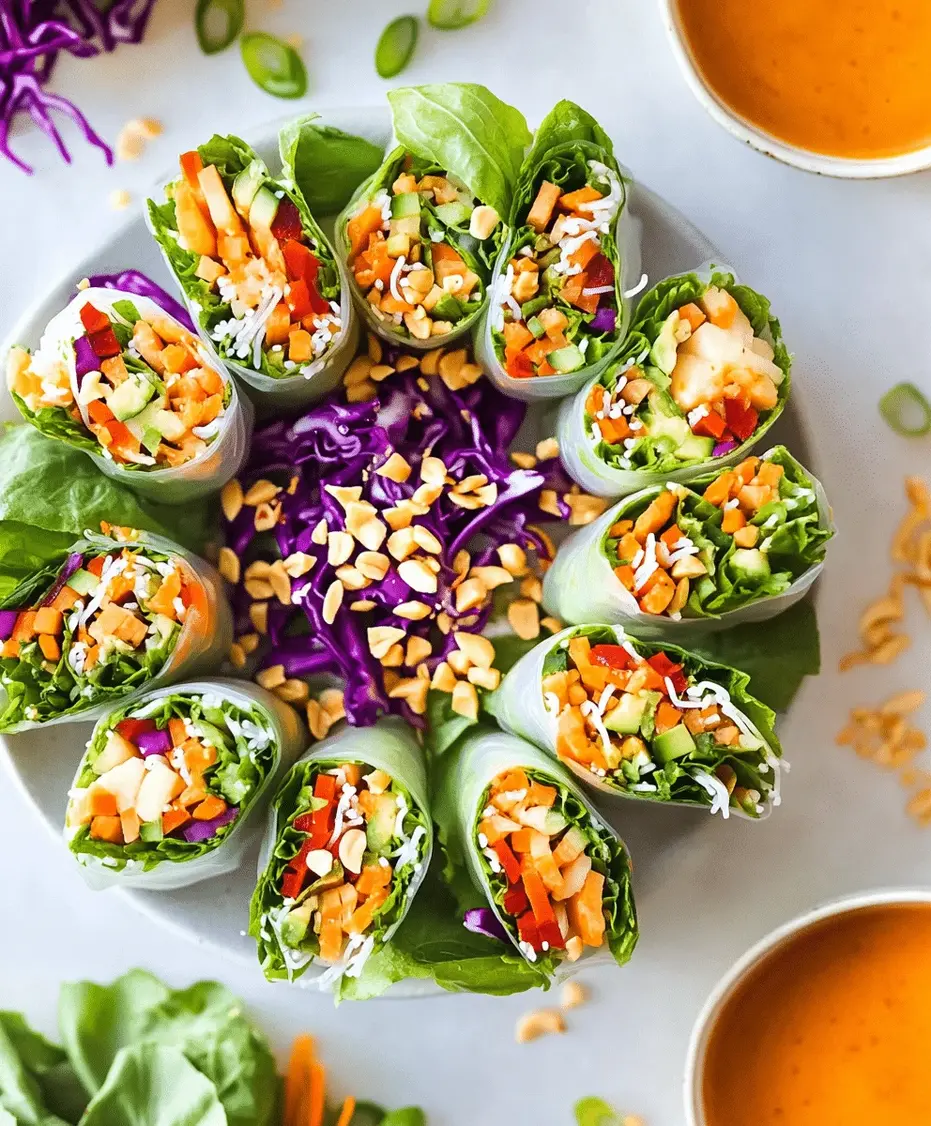 Close-up of a hand dipping a fresh vegetable spring roll into a bowl of creamy peanut sauce