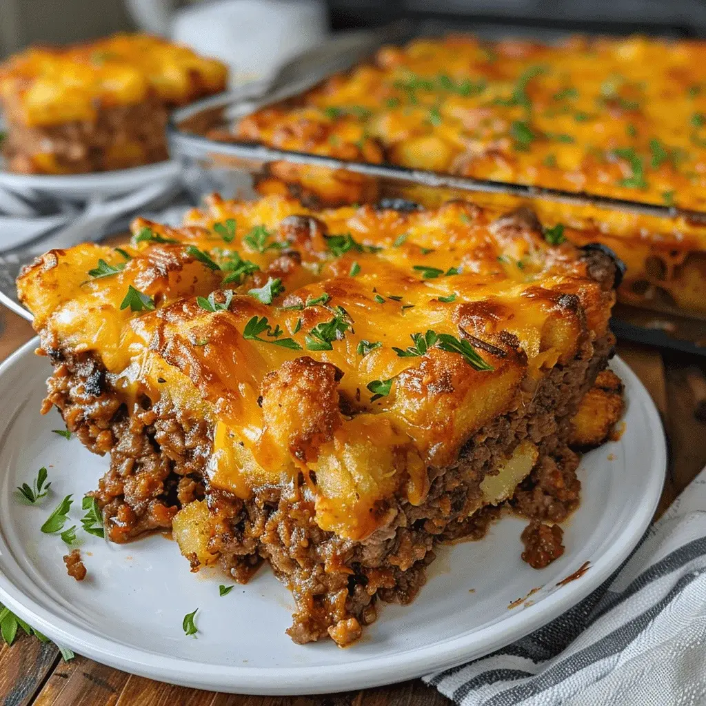 Close-up slice of Cheesy Tater Tot Meatloaf Casserole showing layers of meat, cheese, and crispy tots