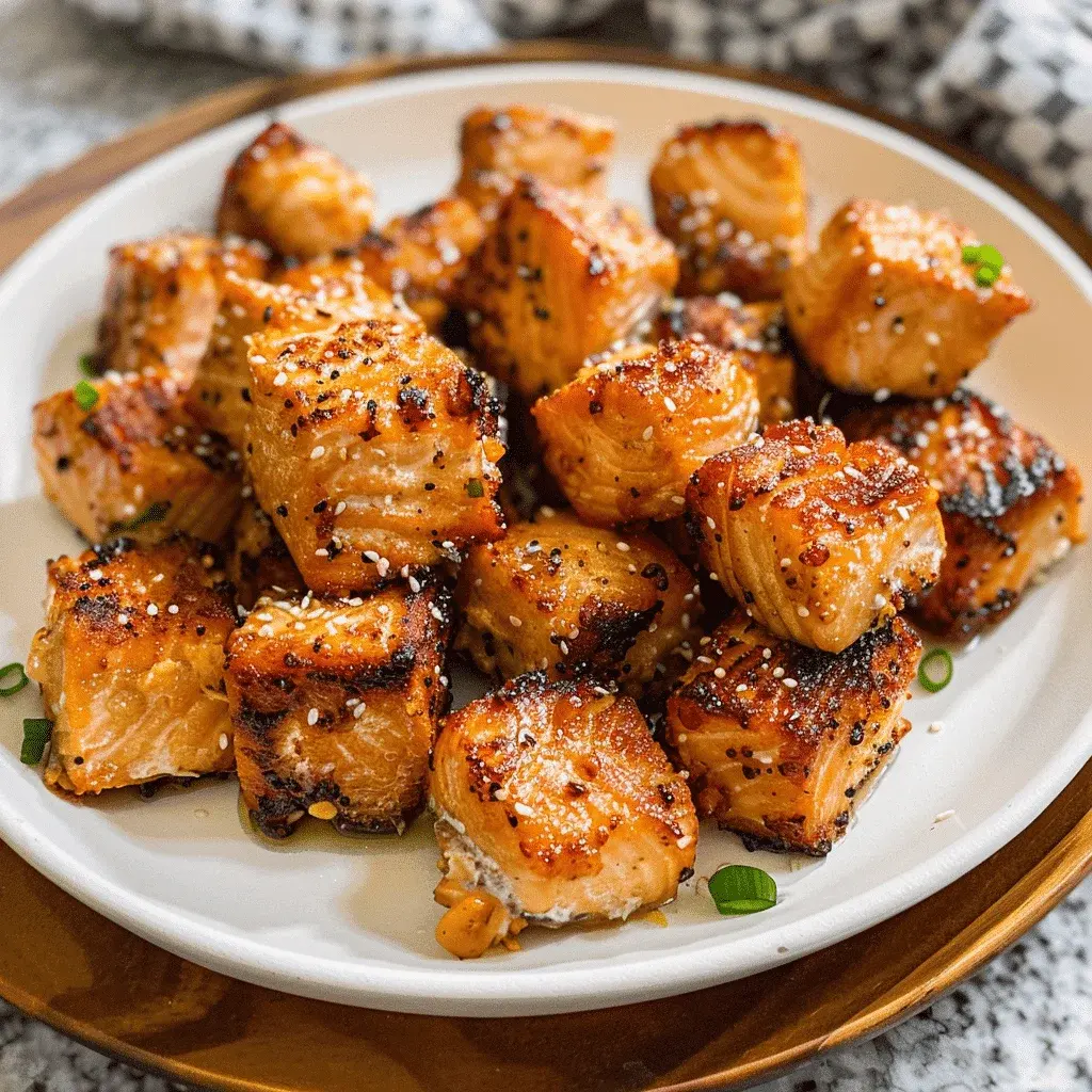 Close-up of crispy Air Fryer Salmon Bites being dipped into a bowl of creamy garlic sauce