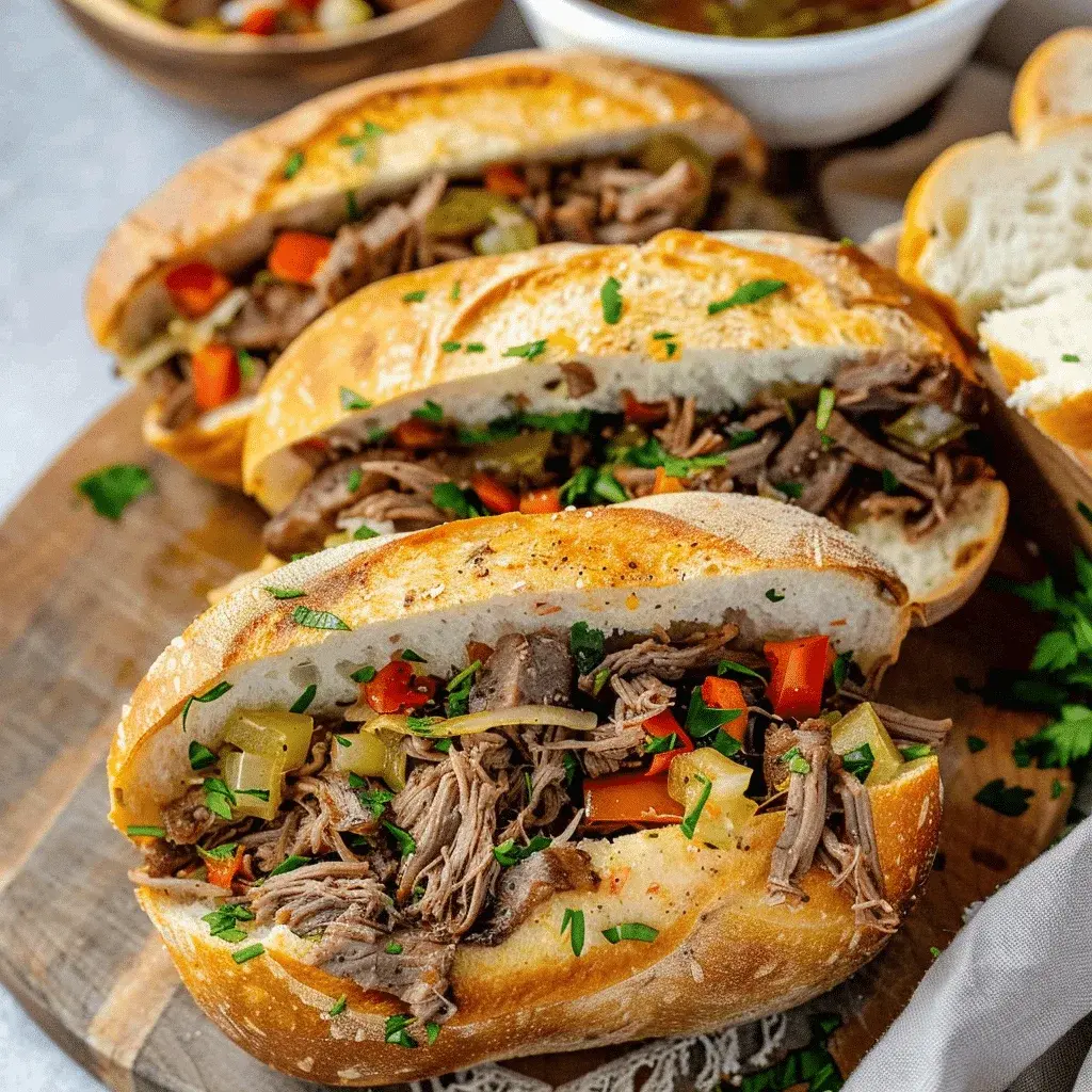 Close-up view of a juicy Italian Beef Sandwich with melted provolone cheese, served with a bowl of au jus for dipping