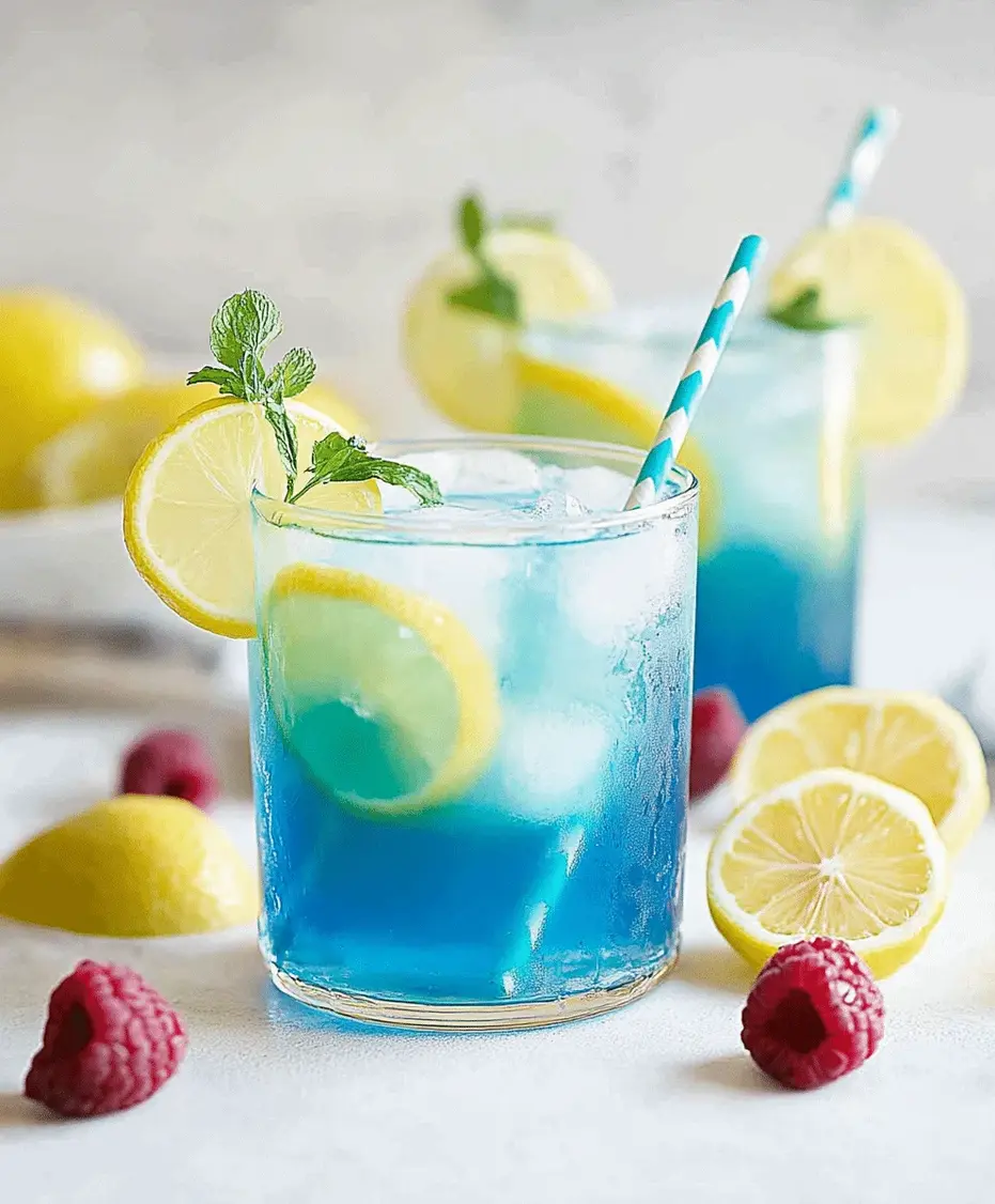 A pitcher of bright blue raspberry lemonade surrounded by fresh lemons, raspberries, and mint on a sunny patio table.
