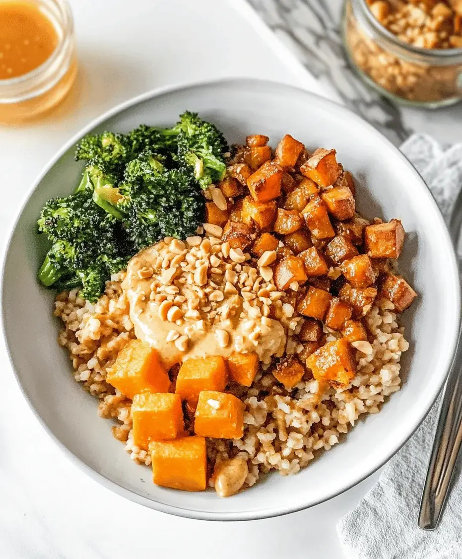 Close up of a Thai Peanut Sweet Potato Buddha Bowl with sauce drizzled