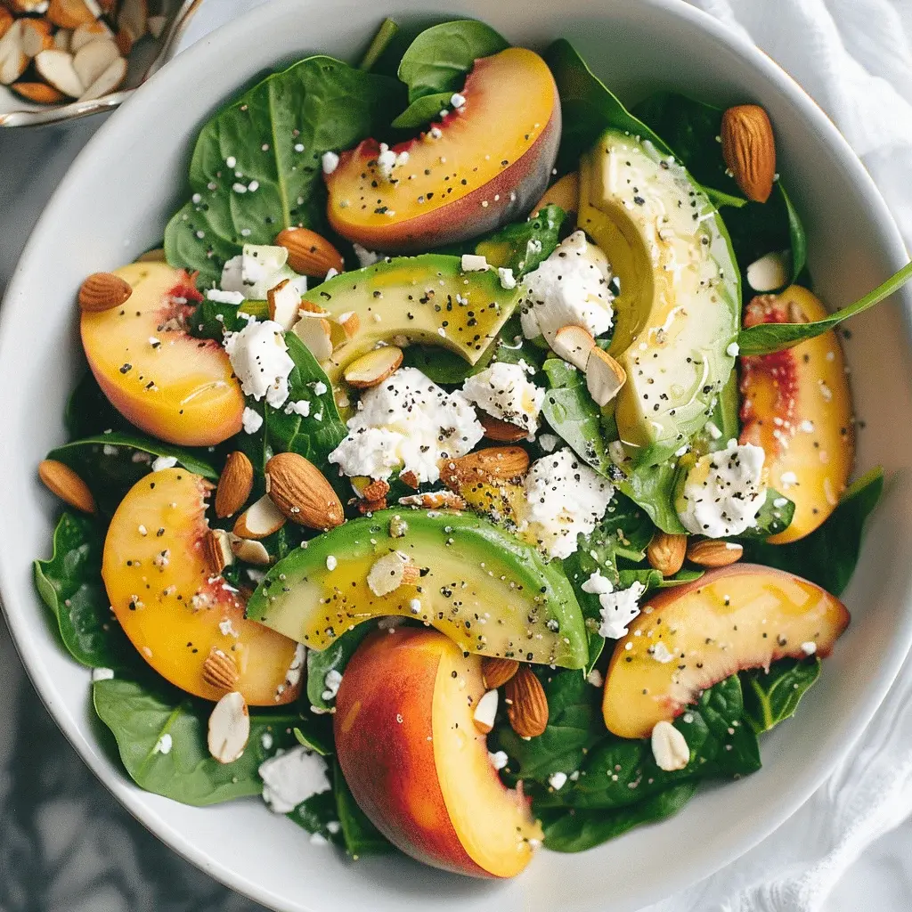 Beautifully plated Summer Peach Spinach Salad in a white bowl, ready to eat