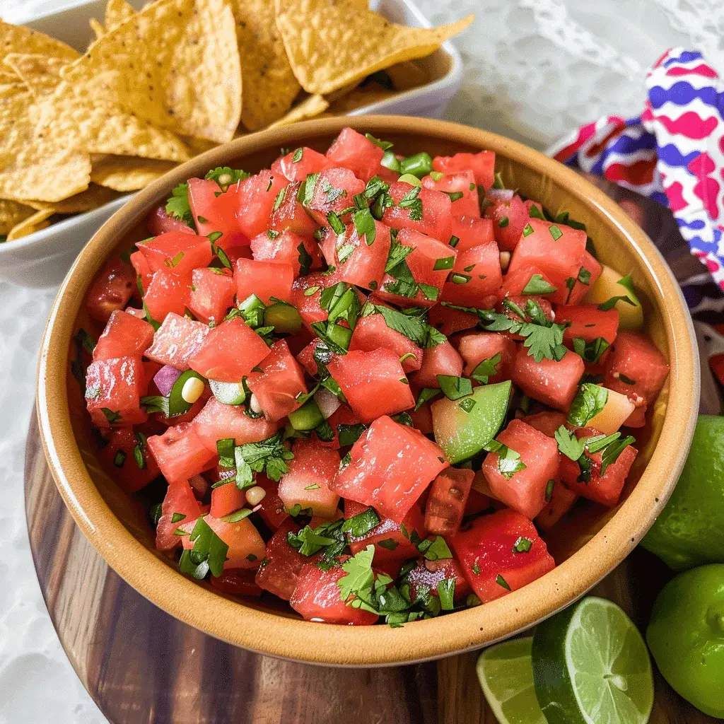Close-up of a tortilla chip scooping up watermelon salsa, highlighting the fresh ingredients