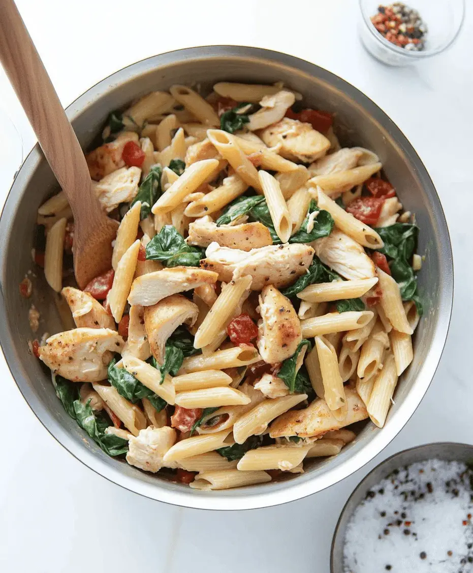 A beautifully plated serving of Chicken and Spinach Skillet Pasta, garnished with Parmesan and fresh herbs.