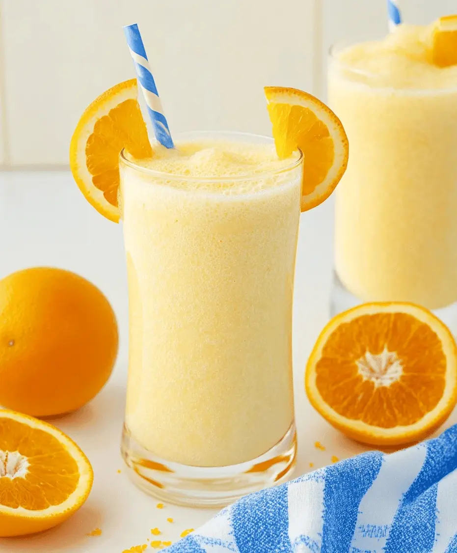 Two glasses of Orange Julius, one with an orange slice garnish, on a kitchen counter.
