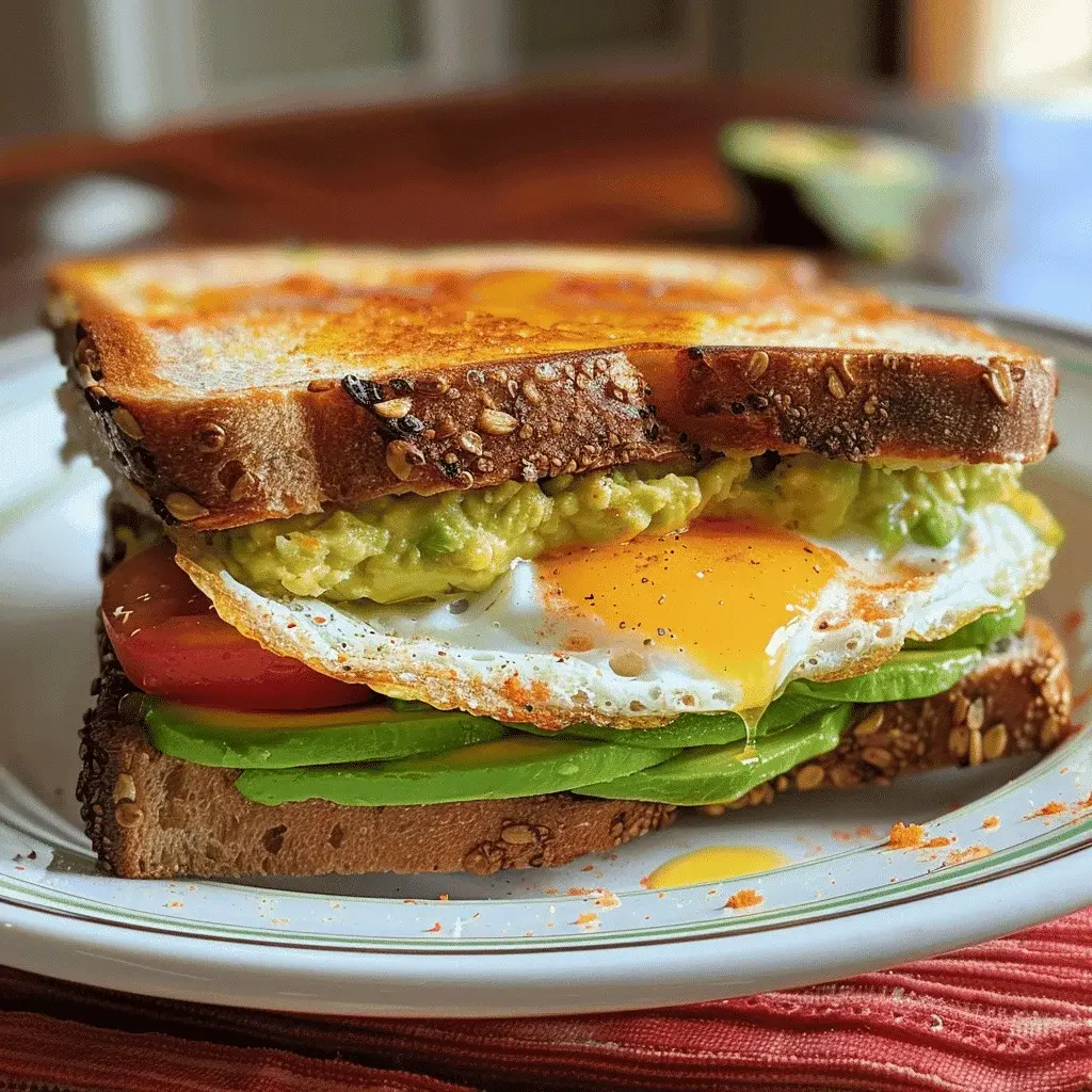 Avocado breakfast sandwich plated with fresh herbs and a side of cherry tomatoes