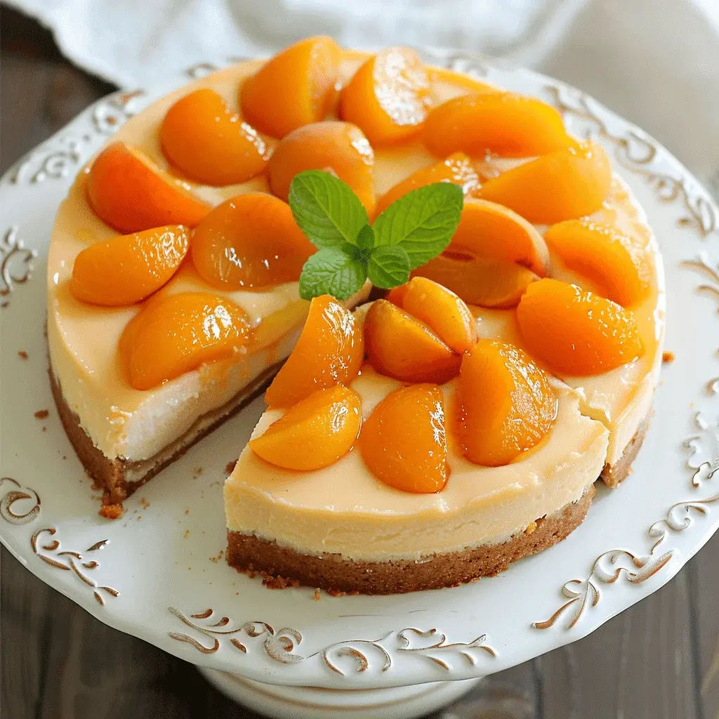 Whole apricot cheesecake on a cake stand, beautifully garnished with fresh apricots and almond slivers