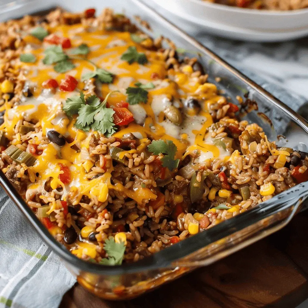 Close-up of a served portion of Mexican Beef and Rice Casserole with garnishes of sour cream and cilantro