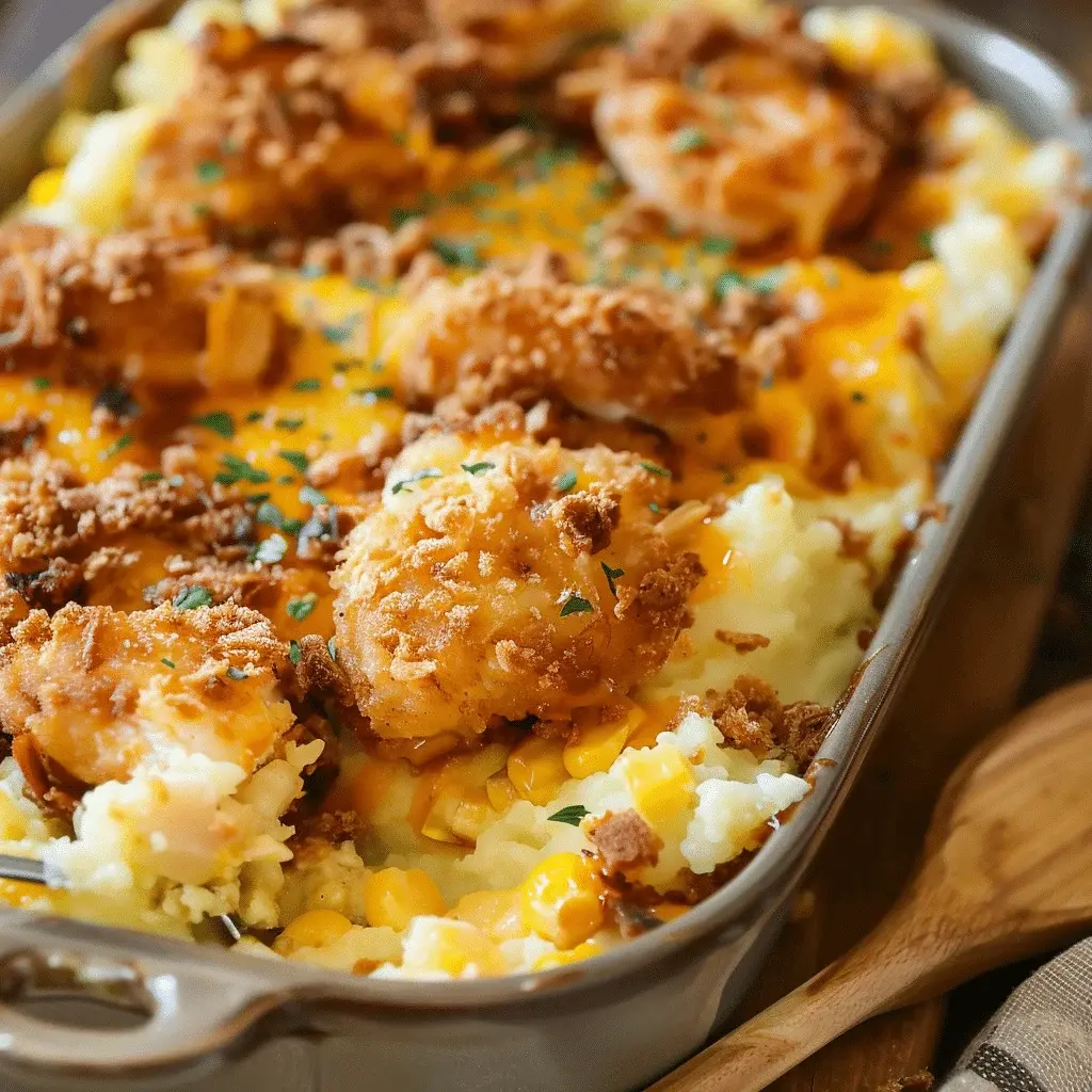 Served plate of Mashed Potato Casserole with Crispy Chicken alongside a fresh salad