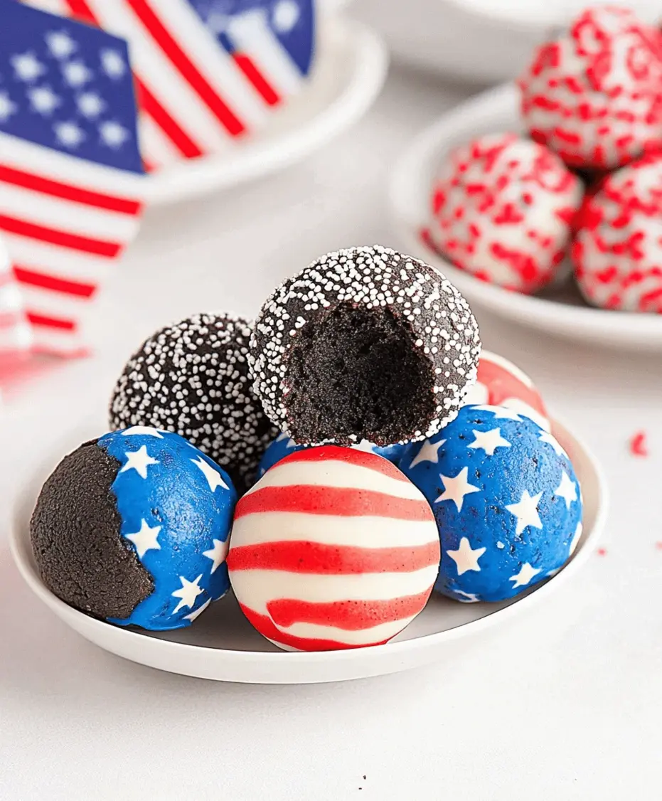 Platter of finished Patriotic Oreo Balls arranged for a 4th of July party