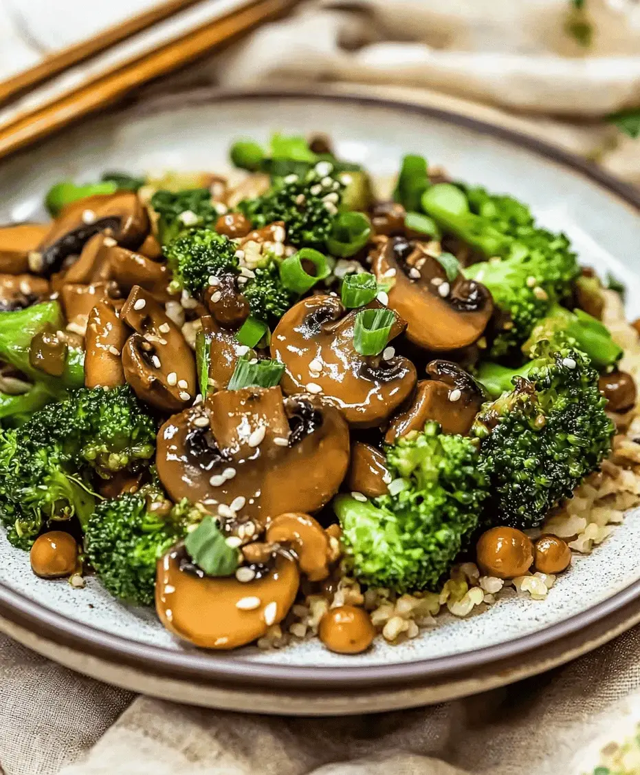 A plate of delicious Broccoli and Mushroom Stir Fry, garnished with sesame seeds and green onions.