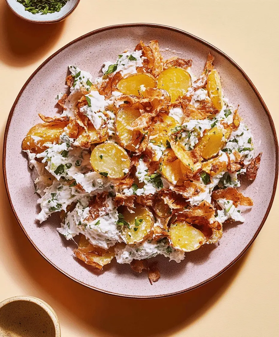 A bowl of Crispy Smashed Potato Salad garnished with herbs