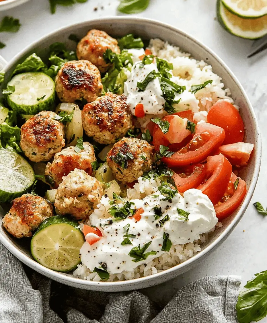 A beautifully plated Greek chicken meatball meal with tzatziki, pita, salad, and lemon