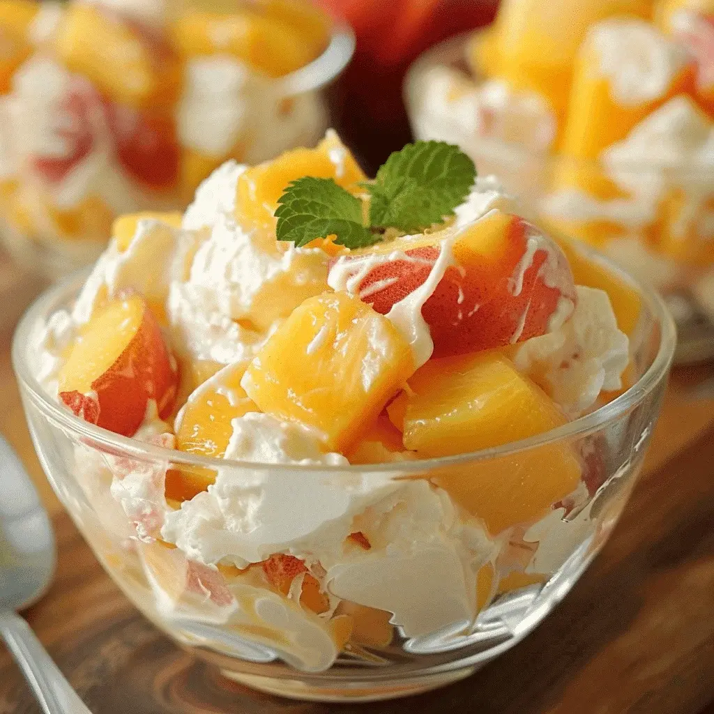 Peaches and Cream Salad served in individual mason jars with a spoon, ready for a summer picnic or party.