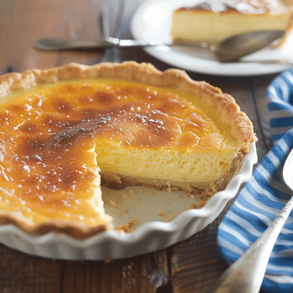 Close-up of a perfectly baked Amish custard in a ceramic dish, showing its smooth, golden surface dusted with nutmeg.