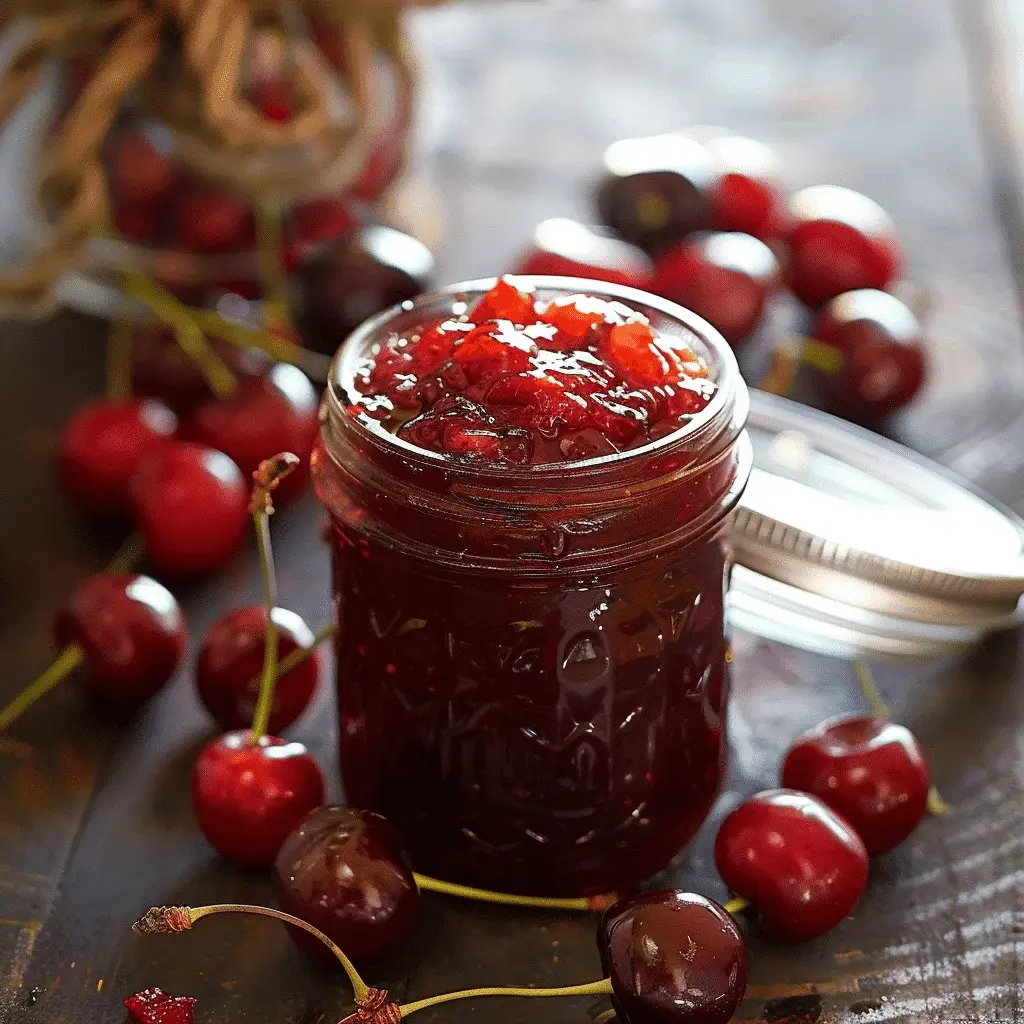 A spoonful of glossy sour cherry jam being drizzled over a slice of bread